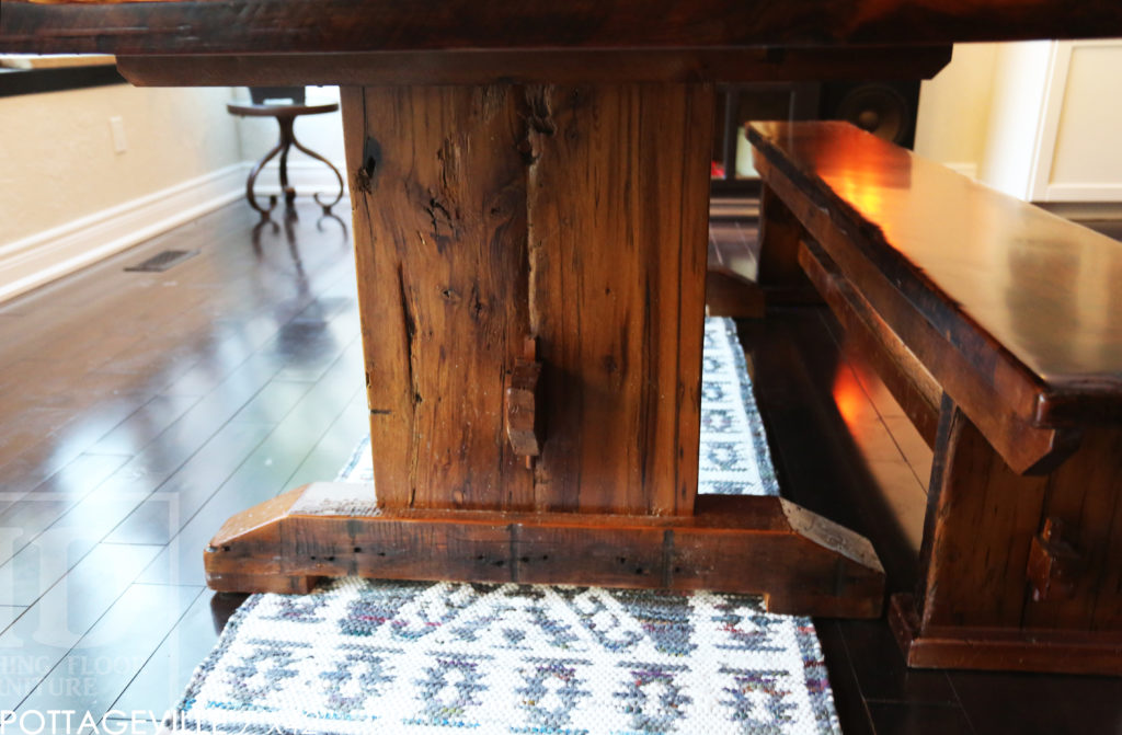 7' Reclaimed Wood Table for King, Ontario Home - 42" wide - Trestle Base - Hemlock Threshing Floor Barnwood Construction / Medium Sanding out of Original Patina - Original distressing & edges maintained - www.hdthreshing.com