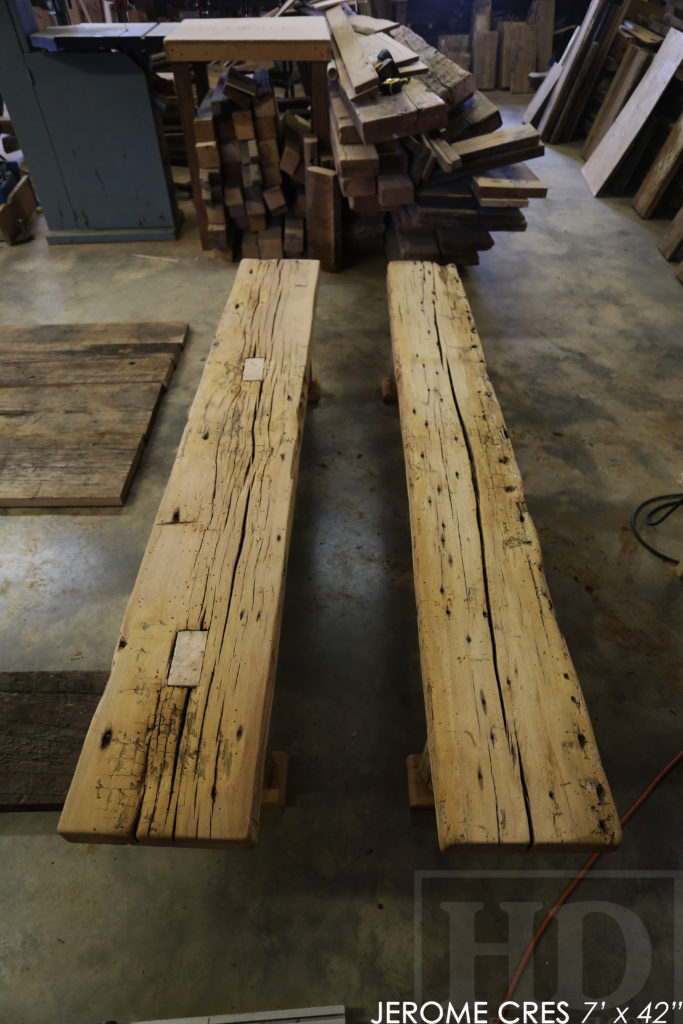 80" Reclaimed Wood Table - 40" wide - 3" Joist Plank Base Table - Hemlock Threshing Floor Construction - Original edges/distressing kept - Premium epoxy/satin polyurethane finish - Two 80" [matching] Hand-Hewn Slab Top Benches - www.hdthreshing.com