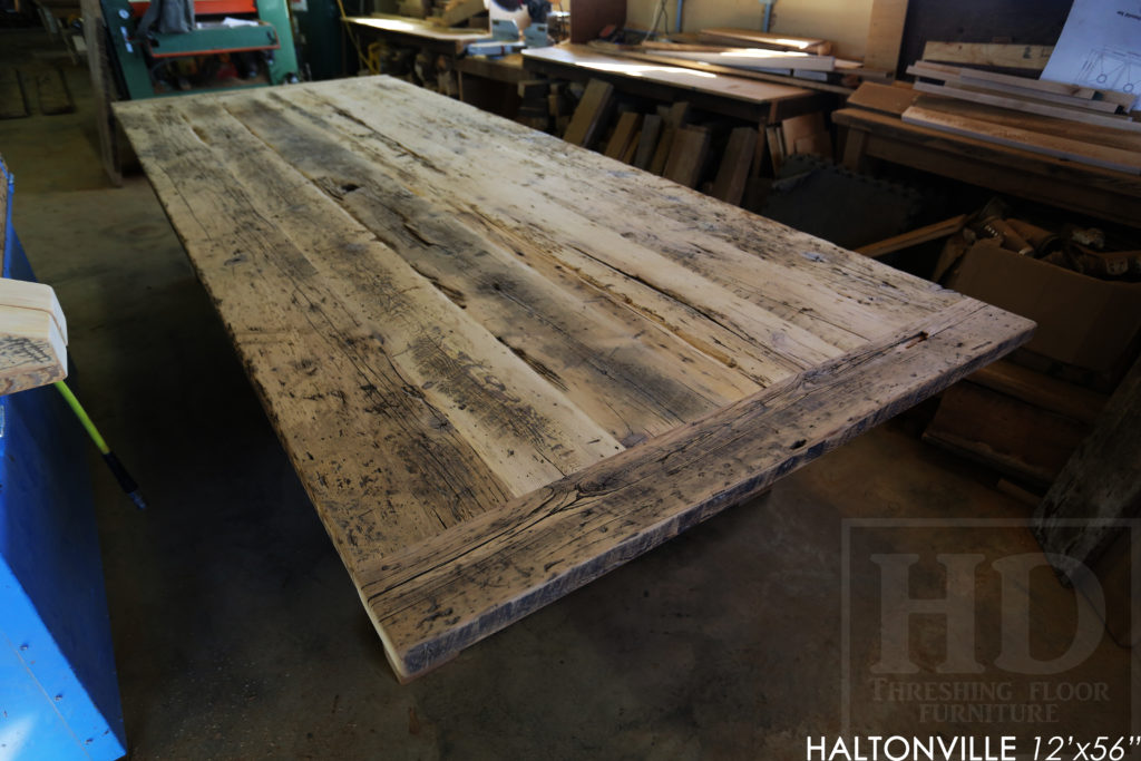 Details: 12' Reclaimed Wood Table - 56" wide - Trestle Base - Hemlock Threshing Floor Construction - Original edges/distressing maintained - Premium epoxy + satin polyurethane finish - www.hdthreshing.com