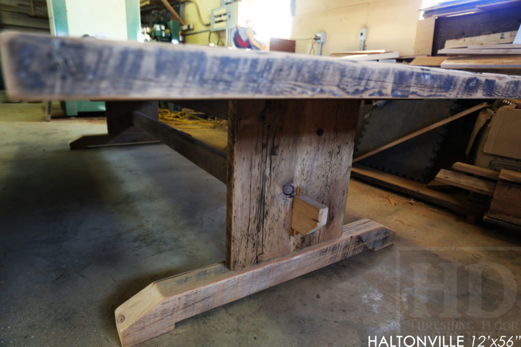 Details: 12' Reclaimed Wood Table - 56" wide - Trestle Base - Hemlock Threshing Floor Construction - Original edges/distressing maintained - Premium epoxy + satin polyurethane finish - www.hdthreshing.com