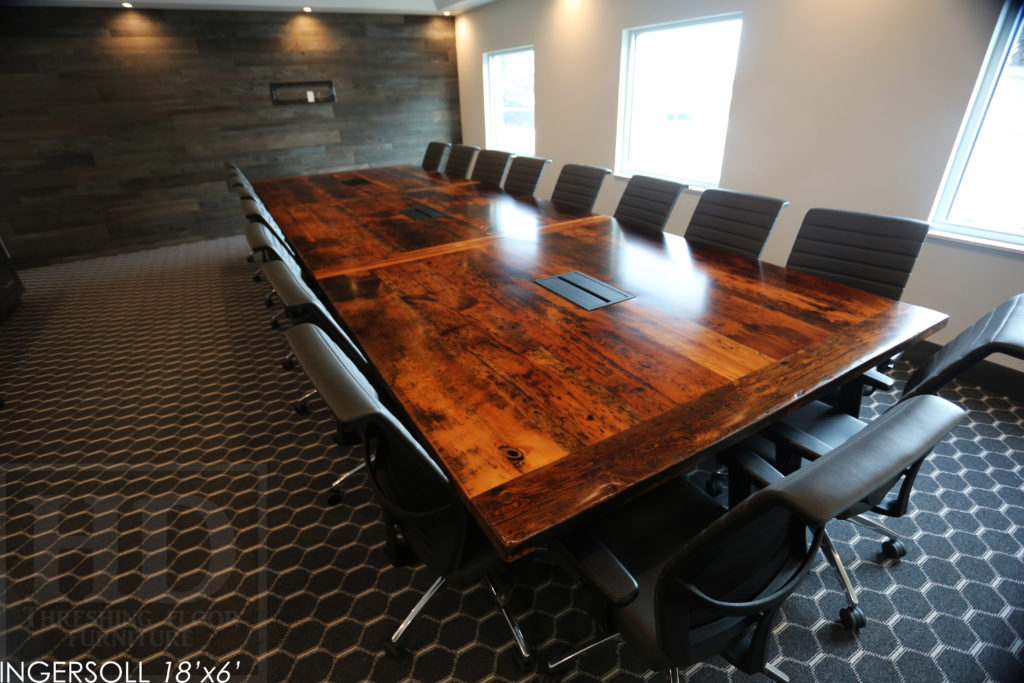 18' Reclaimed Wood Boardroom Table for Ingersoll company - 72" wide - Modern plank style base - Original edges & distressing maintained - Built in 3 parts to accommodate access constraints / On-site final joinery - Premium epoxy + satin polyurethane finish - www.hdthreshing.com