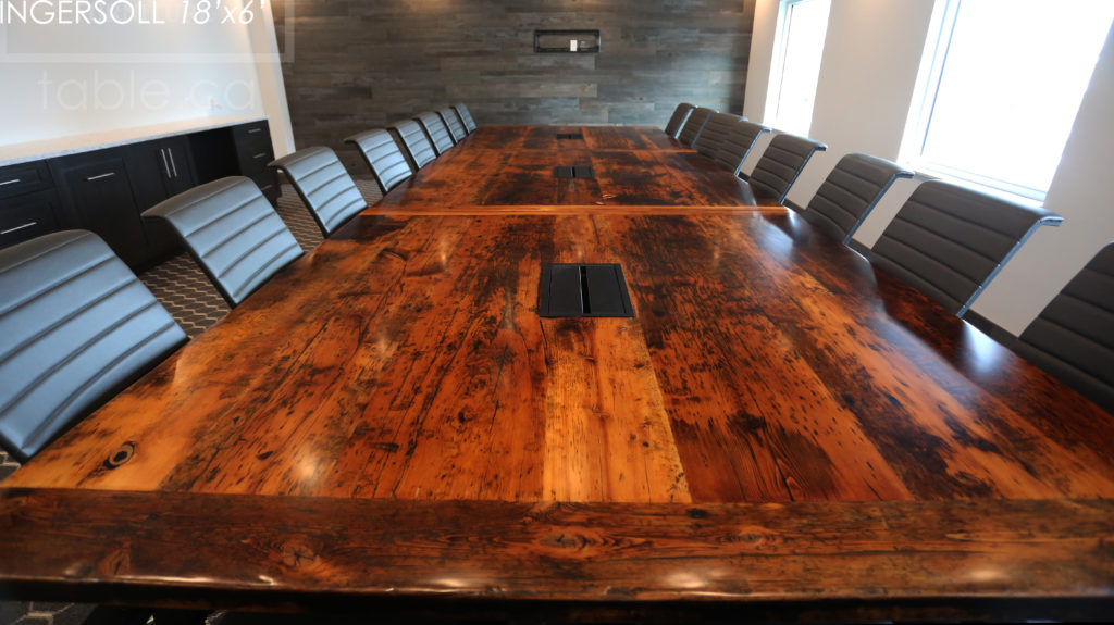 18' Reclaimed Wood Boardroom Table for Ingersoll company - 72" wide - Modern plank style base - Original edges & distressing maintained - Built in 3 parts to accommodate access constraints / On-site final joinery -  Premium epoxy + satin polyurethane finish - www.hdthreshing.com