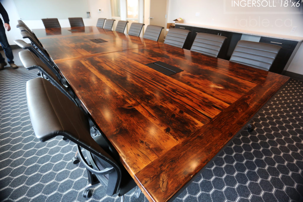 18' Reclaimed Wood Boardroom Table for Ingersoll company - 72" wide - Modern plank style base - Original edges & distressing maintained - Built in 3 parts to accommodate access constraints / On-site final joinery - Premium epoxy + satin polyurethane finish - www.hdthreshing.com