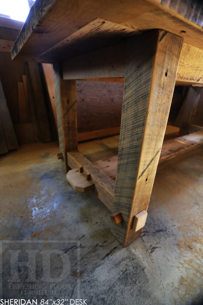 Details: 84" Reclaimed Wood Desk for Oakville home - 32" wide - Frame Style Base - Hemlock Threshing Floor Construction / Medium Sanding out of Original Patina - Original edges & distressing kept - Drawer - Premium epoxy + Matte Polyurethane finish - www.hdthreshing.com