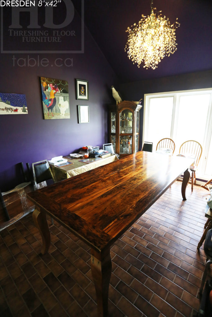 8' Reclaimed Wood Table for Dresden home - 42" wide - Harvest Base - Original edges & distressing maintained - Hemlock Threshing Floor Construction - Cabriole Style Windbrace Beam Legs - Premium epoxy + satin polyurethane finish - Two 18" Leaves - www.hdthreshing.com