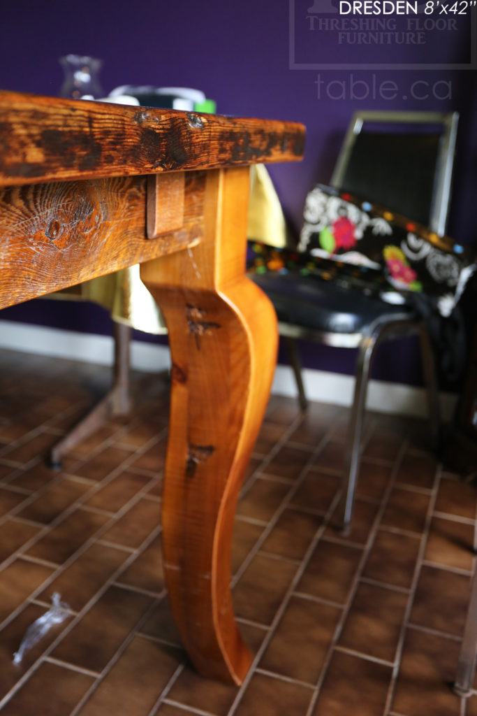 8' Reclaimed Wood Table for Dresden home - 42" wide - Harvest Base - Original edges & distressing maintained - Hemlock Threshing Floor Construction - Cabriole Style Windbrace Beam Legs - Premium epoxy + satin polyurethane finish - Two 18" Leaves - www.hdthreshing.com