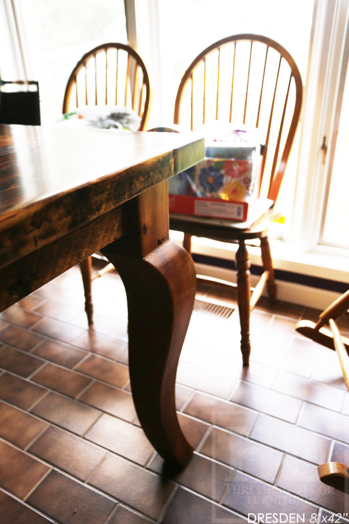 8' Reclaimed Wood Table for Dresden home - 42" wide - Harvest Base - Original edges & distressing maintained - Hemlock Threshing Floor Construction - Cabriole Style Windbrace Beam Legs - Premium epoxy + satin polyurethane finish - Two 18" Leaves - www.hdthreshing.com