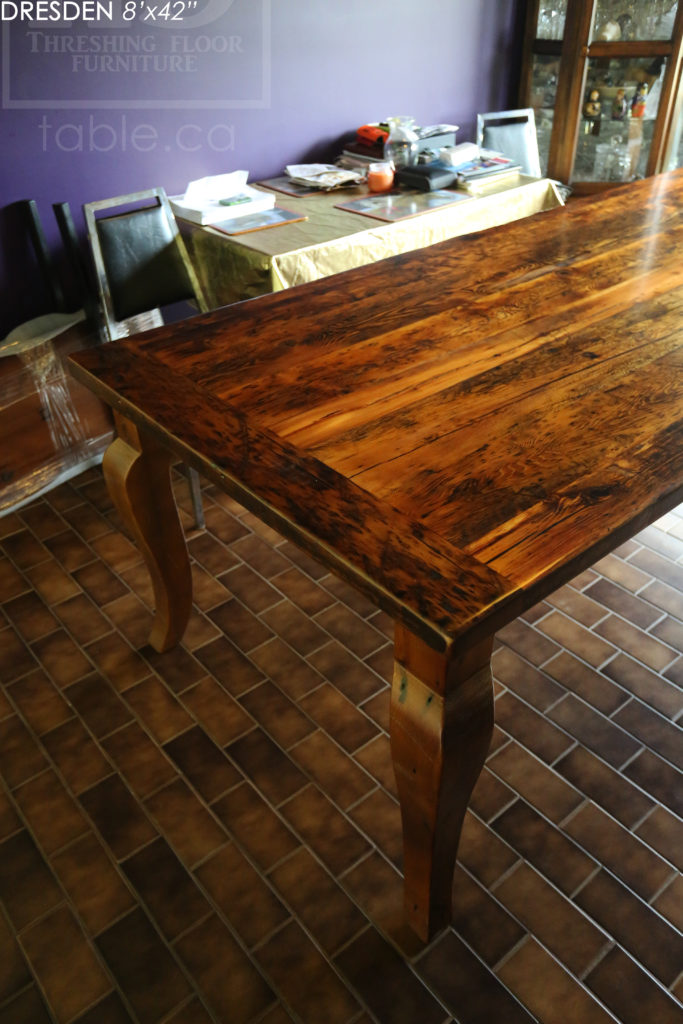 8' Reclaimed Wood Table for Dresden home - 42" wide - Harvest Base - Original edges & distressing maintained - Hemlock Threshing Floor Construction - Cabriole Style Windbrace Beam Legs - Premium epoxy + satin polyurethane finish - Two 18" Leaves - www.hdthreshing.com