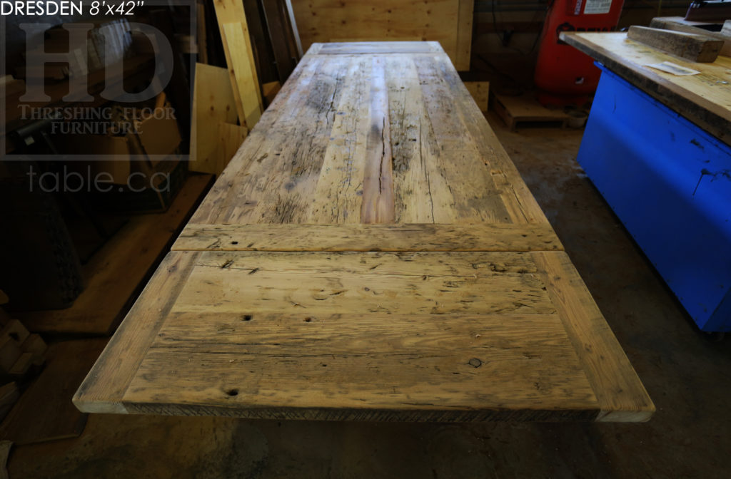 8' Reclaimed Wood Table for Dresden home - 42" wide - Harvest Base - Original edges & distressing maintained - Hemlock Threshing Floor Construction - Cabriole Style Windbrace Beam Legs - Premium epoxy + satin polyurethane finish - Two 18" Leaves - www.hdthreshing.com