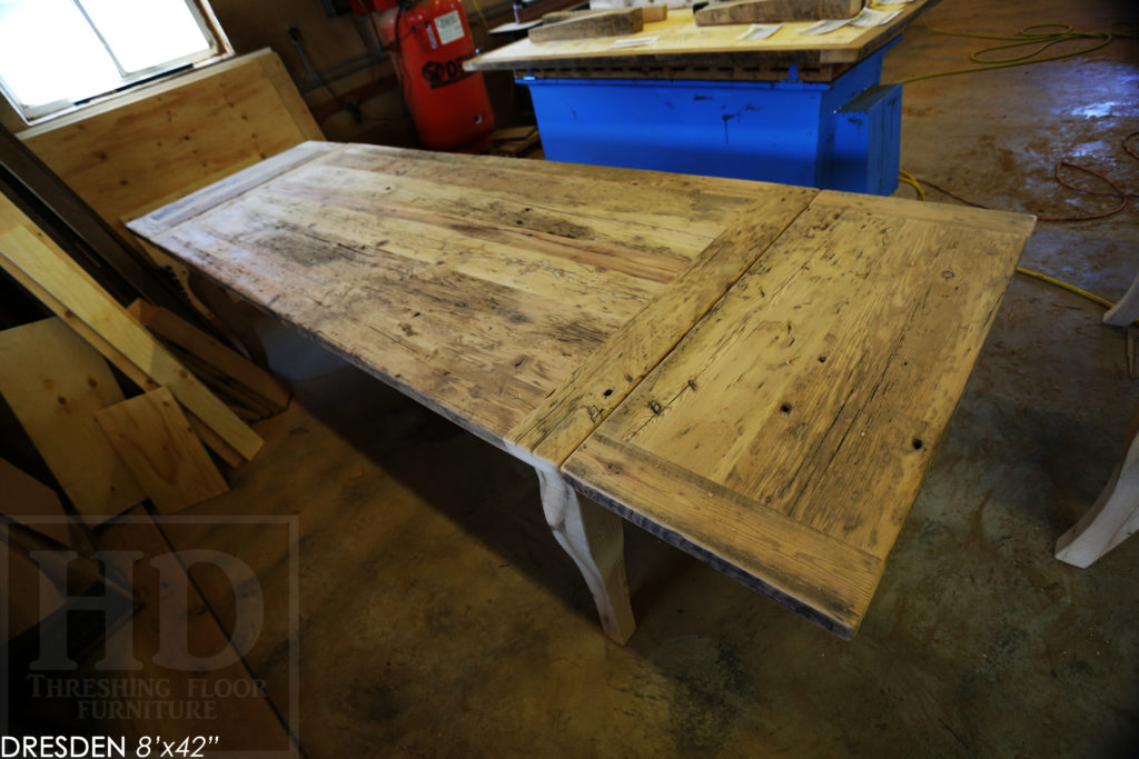 8' Reclaimed Wood Table for Dresden home - 42" wide - Harvest Base - Original edges & distressing maintained - Hemlock Threshing Floor Construction - Cabriole Style Windbrace Beam Legs - Premium epoxy + satin polyurethane finish - Two 18" Leaves - www.hdthreshing.com