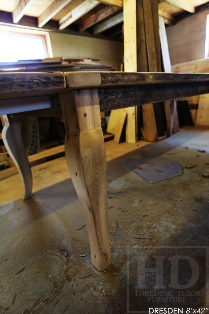 8' Reclaimed Wood Table for Dresden home - 42" wide - Harvest Base - Original edges & distressing maintained - Hemlock Threshing Floor Construction - Cabriole Style Windbrace Beam Legs - Premium epoxy + satin polyurethane finish - Two 18" Leaves - www.hdthreshing.com