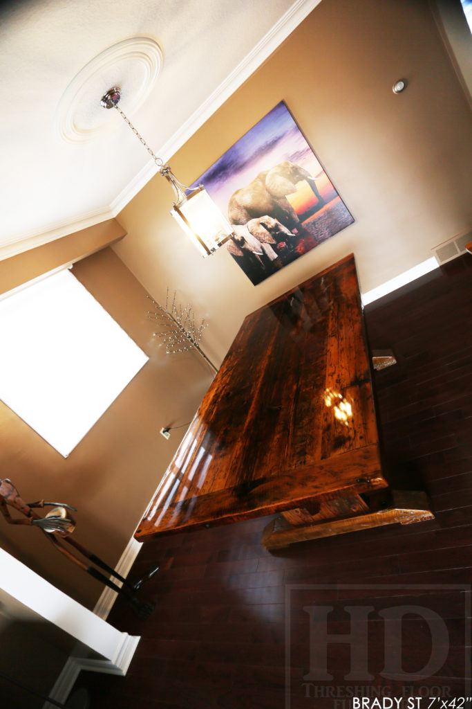 Specifications: 7' Reclaimed Wood Table for Niagara Falls Home - 42" wide - Hemlock Threshing Floor Construction / Medium Sanding out of Original Patina - Premium epoxy + High Gloss Polyurethane Finish - www.hdthreshing.com