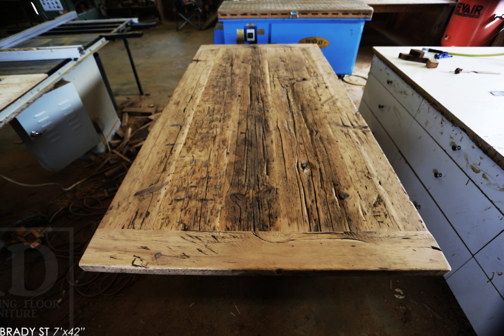 Specifications: 7' Reclaimed Wood Table for Niagara Falls Home - 42" wide - Hemlock Threshing Floor Construction / Medium Sanding out of Original Patina - Premium epoxy + High Gloss Polyurethane Finish - www.hdthreshing.com