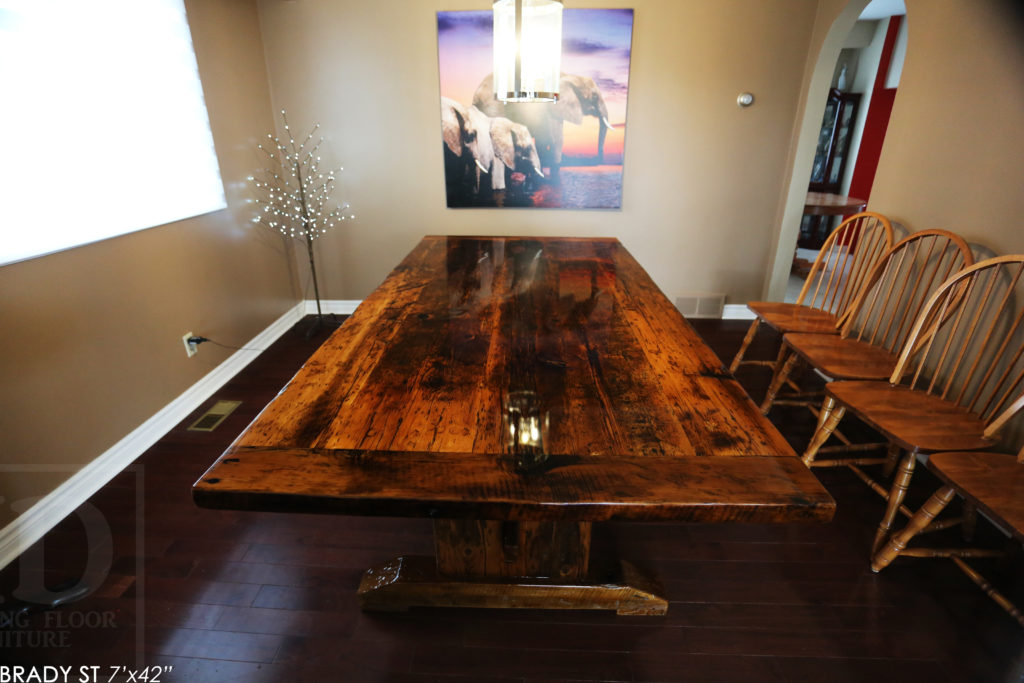 Specifications: 7' Reclaimed Wood Table for Niagara Falls Home - 42" wide - Hemlock Threshing Floor Construction / Medium Sanding out of Original Patina - Premium epoxy + High Gloss Polyurethane Finish - www.hdthreshing.com