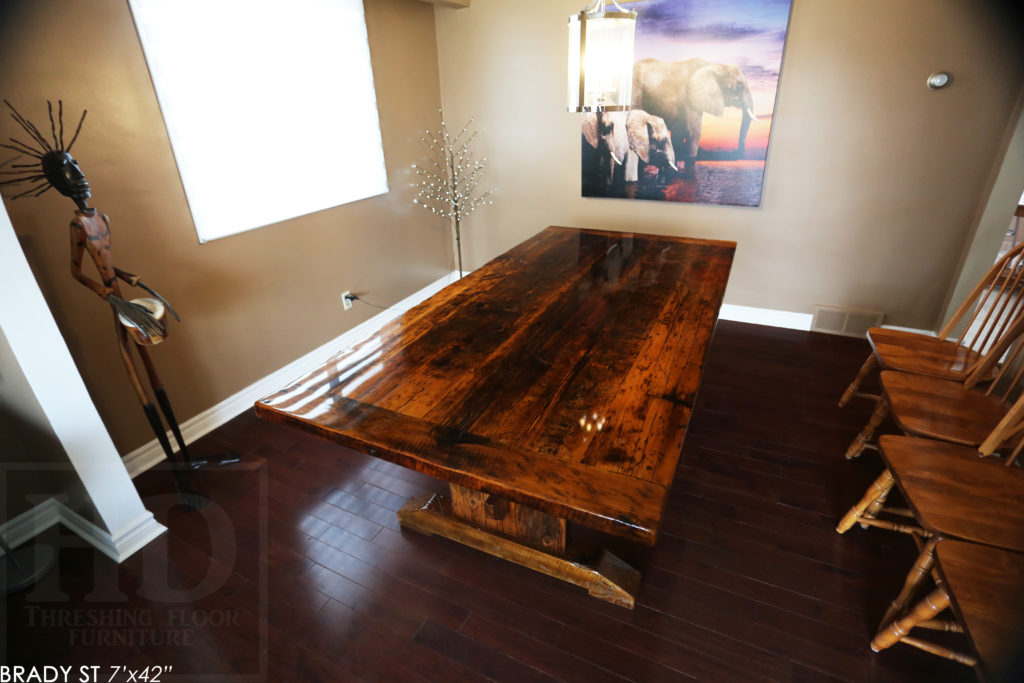 Specifications: 7' Reclaimed Wood Table for Niagara Falls Home - 42" wide - Hemlock Threshing Floor Construction / Medium Sanding out of Original Patina - Premium epoxy + High Gloss Polyurethane Finish - www.hdthreshing.com