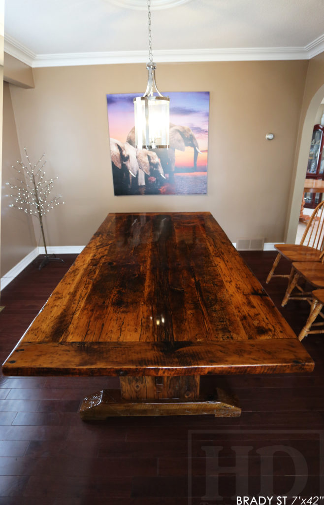 Specifications: 7' Reclaimed Wood Table for Niagara Falls Home - 42" wide - Hemlock Threshing Floor Construction / Medium Sanding out of Original Patina - Premium epoxy + High Gloss Polyurethane Finish - www.hdthreshing.com