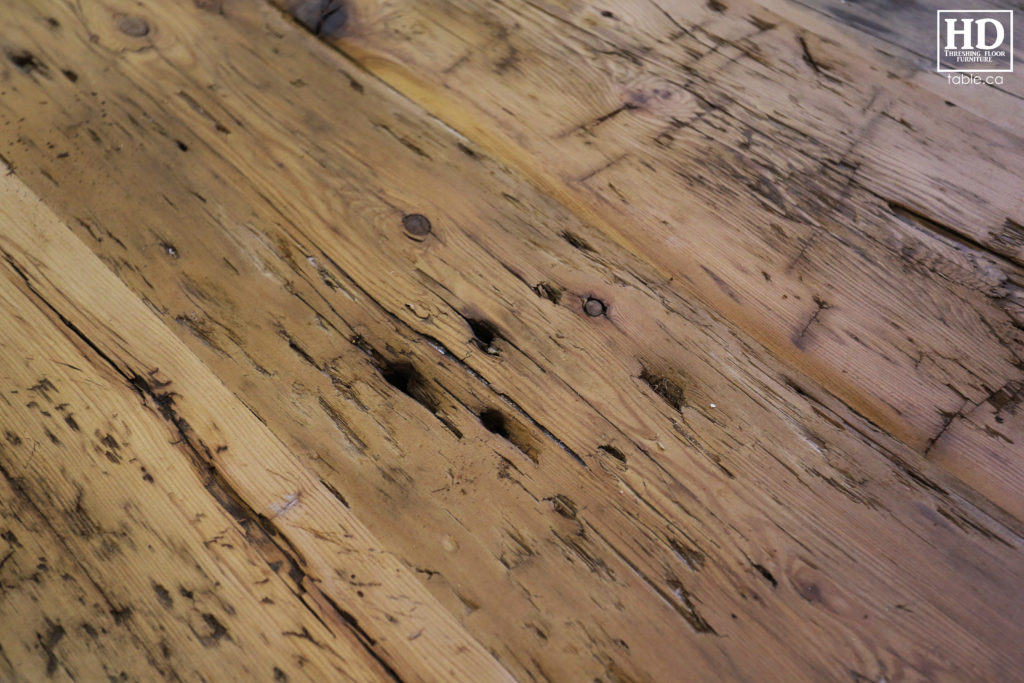 Specifications: 8' Reclaimed Wood Table for Toronto Home - 36" wide - 31" height - Trestle Base - Original edges & distressing maintained - Premium epoxy + matte polyurethane finish - Hemlock Threshing Floor Construction - Black Stain Treatment Option - Premium epoxy + matte polyurethane finish - Two [matching] 8' Benches - www.hdthreshing.com