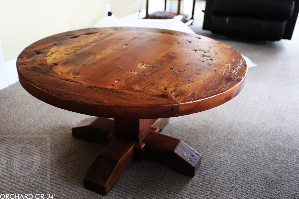 34" Round Reclaimed Wood Coffee Table - 18" height - Hand-Hewn Post Base - Old Growth Pine Threshing Floor 2" Top - Original Distressing Maintained - Matte Polyurethane Finish [no epoxy] - www.hdthreshing.com