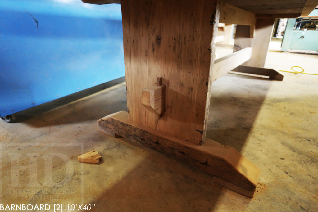 Specs: [TWO] 10' Reclaimed Wood Tables - 40" wide - Pine Threshing Floor Construction - [Light] Barnboard Greytone Treatment - Original Edges + Distressing Maintained - Trestle Base - Matte Polyurethane Finish [no epoxy] - www.hdthreshing.com