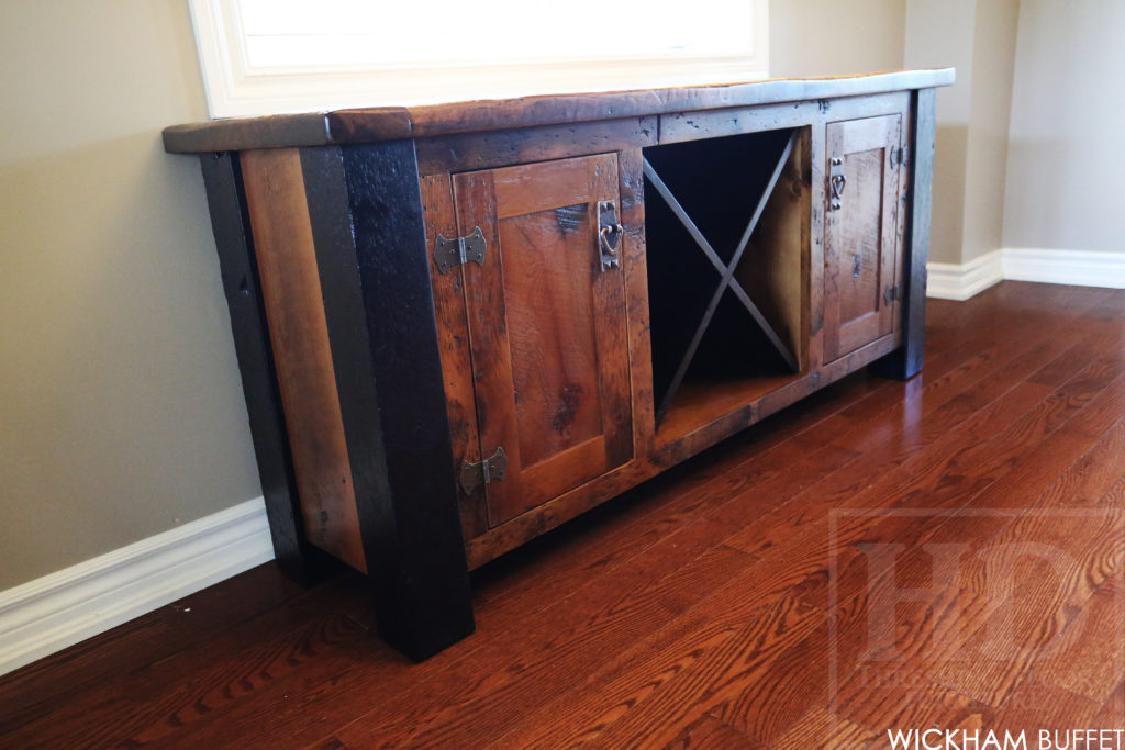 5' Reclaimed Wood Cabinet - 18" deep - 27" height - 2 Doors - Centre Wine Back - 4"x4" Windbrace Beam Legs on Corners - Original edges & distressing maintained - Premium epoxy + polyurethane finish - Lee Valley Cast Brass Hardware - www.hdthreshing.com