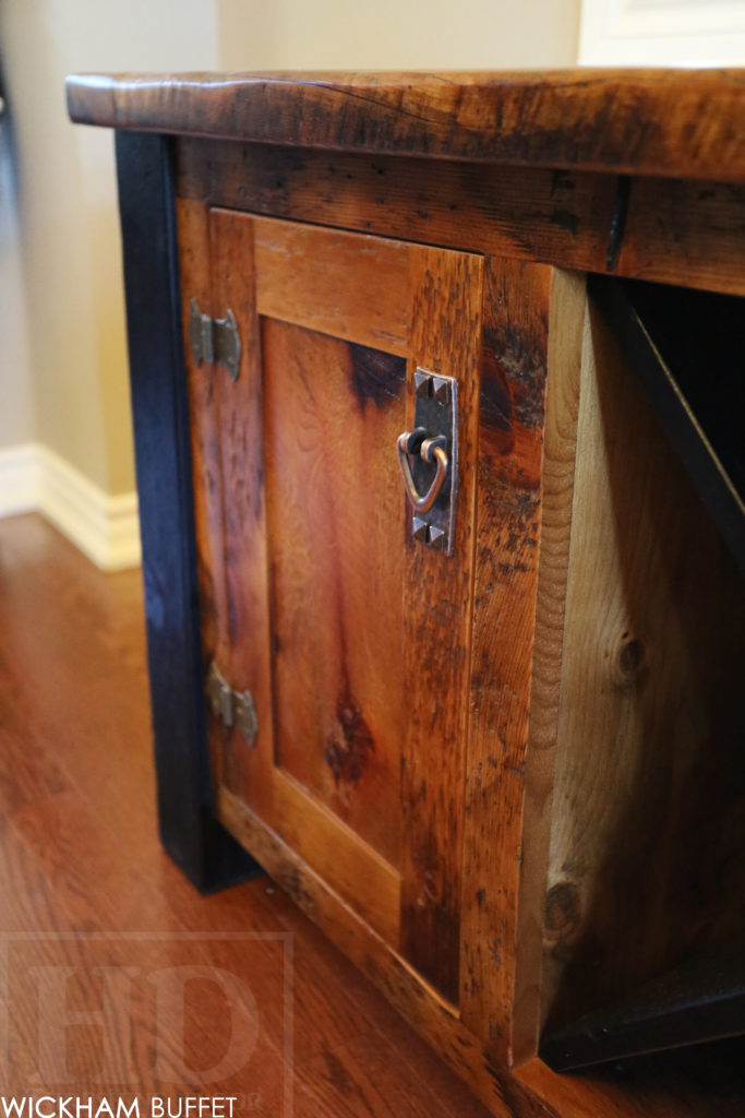 5' Reclaimed Wood Cabinet - 18" deep - 27" height - 2 Doors - Centre Wine Back - 4"x4" Windbrace Beam Legs on Corners - Original edges & distressing maintained - Premium epoxy + polyurethane finish - Lee Valley Cast Brass Hardware - www.hdthreshing.com