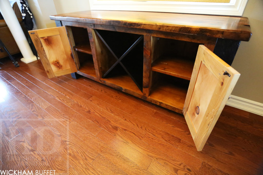 5' Reclaimed Wood Cabinet - 18" deep - 27" height - 2 Doors - Centre Wine Back - 4"x4" Windbrace Beam Legs on Corners - Original edges & distressing maintained - Premium epoxy + polyurethane finish - Lee Valley Cast Brass Hardware - www.hdthreshing.com