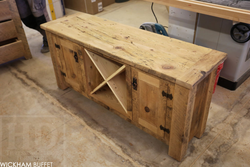 5' Reclaimed Wood Cabinet - 18" deep - 27" height - 2 Doors - Centre Wine Back - 4"x4" Windbrace Beam Legs on Corners - Original edges & distressing maintained - Premium epoxy + polyurethane finish - Lee Valley Cast Brass Hardware - www.hdthreshing.com