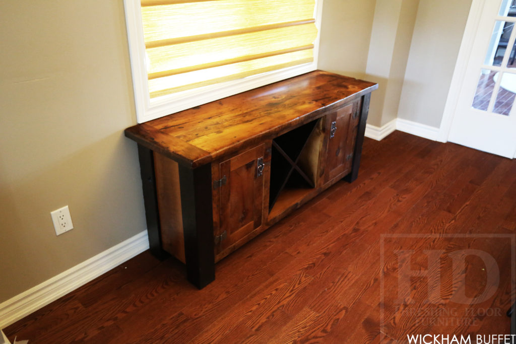 5' Reclaimed Wood Cabinet - 18" deep - 27" height - 2 Doors - Centre Wine Back - 4"x4" Windbrace Beam Legs on Corners - Original edges & distressing maintained - Premium epoxy + polyurethane finish - Lee Valley Cast Brass Hardware - www.hdthreshing.com