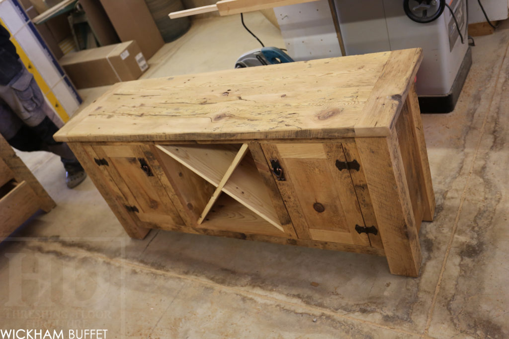 5' Reclaimed Wood Cabinet - 18" deep - 27" height - 2 Doors - Centre Wine Back - 4"x4" Windbrace Beam Legs on Corners - Original edges & distressing maintained - Premium epoxy + polyurethane finish - Lee Valley Cast Brass Hardware - www.hdthreshing.com