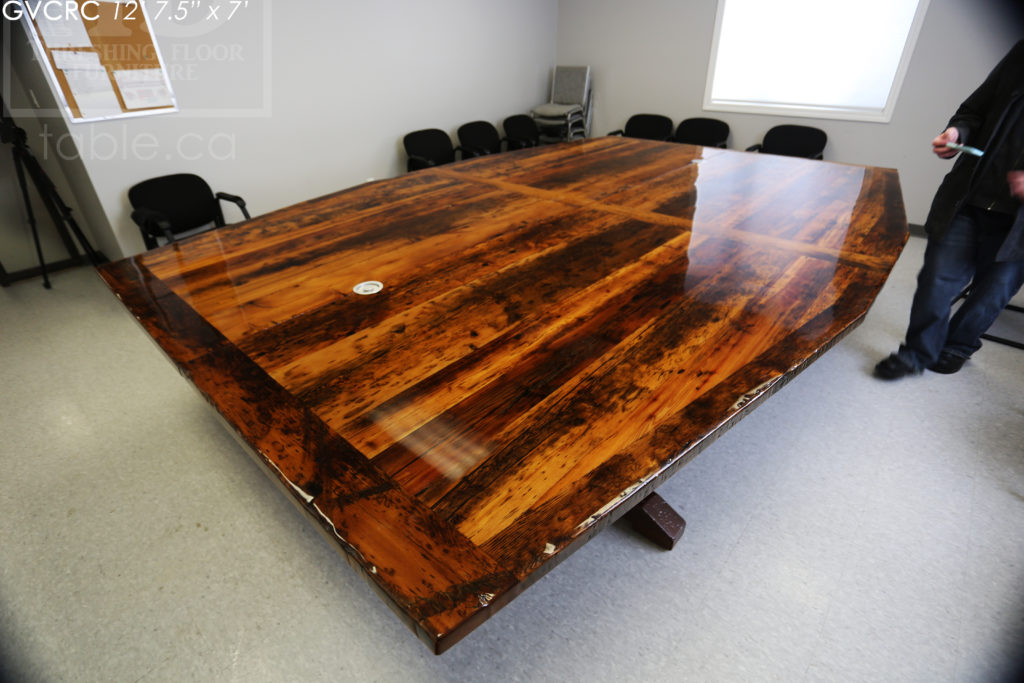 Details: 12' 7 1/2" Reclaimed Wood Consistory Table - 7' Wide at Centre - Custom Shape - Original Edges + Distressing Maintained - Hemlock Threshing Floor Construction - Premium epoxy + high gloss polyurethane finish - 3" Joist Material Plank Posts - www.hdthreshing.com