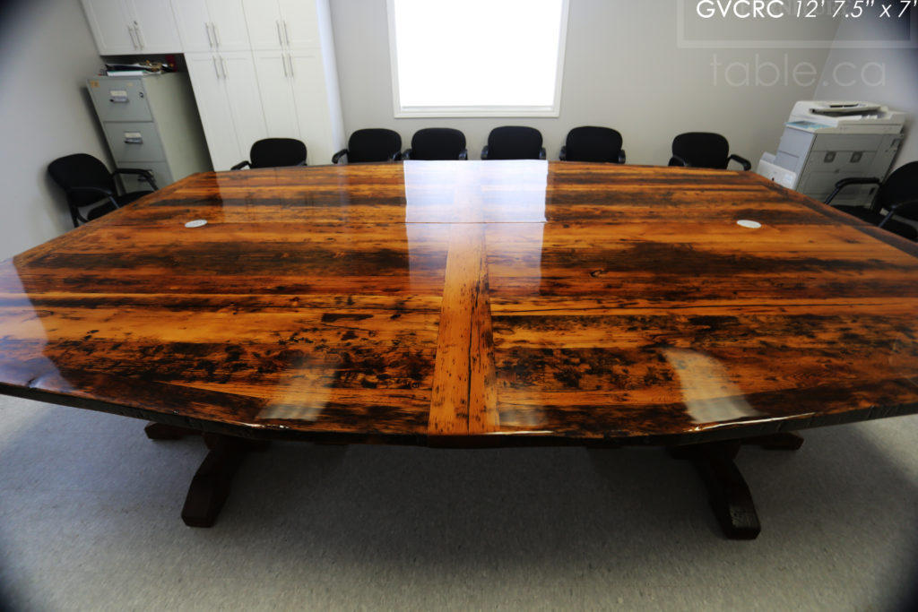 Details: 12' 7 1/2" Reclaimed Wood Consistory Table - 7' Wide at Centre - Custom Shape - Original Edges + Distressing Maintained - Hemlock Threshing Floor Construction - Premium epoxy + high gloss polyurethane finish - 3" Joist Material Plank Posts - www.hdthreshing.com