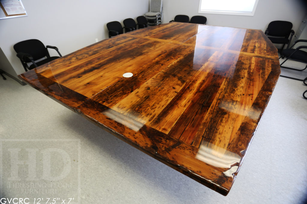 Details: 12' 7 1/2" Reclaimed Wood Consistory Table - 7' Wide at Centre - Custom Shape - Original Edges + Distressing Maintained - Hemlock Threshing Floor Construction - Premium epoxy + high gloss polyurethane finish - 3" Joist Material Plank Posts - www.hdthreshing.com