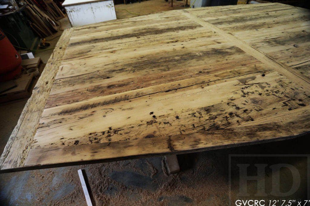 Details: 12' 7 1/2" Reclaimed Wood Consistory Table - 7' Wide at Centre - Custom Shape - Original Edges + Distressing Maintained - Hemlock Threshing Floor Construction - Premium epoxy + high gloss polyurethane finish - 3" Joist Material Plank Posts - www.hdthreshing.com