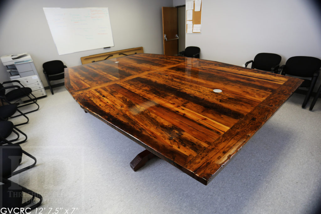 Details: 12' 7 1/2" Reclaimed Wood Consistory Table - 7' Wide at Centre - Custom Shape - Original Edges + Distressing Maintained - Hemlock Threshing Floor Construction - Premium epoxy + high gloss polyurethane finish - 3" Joist Material Plank Posts - www.hdthreshing.com