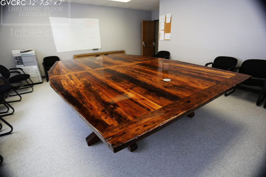 Details: 12' 7 1/2" Reclaimed Wood Consistory Table - 7' Wide at Centre - Custom Shape - Original Edges + Distressing Maintained - Hemlock Threshing Floor Construction - Premium epoxy + high gloss polyurethane finish - 3" Joist Material Plank Posts - www.hdthreshing.com