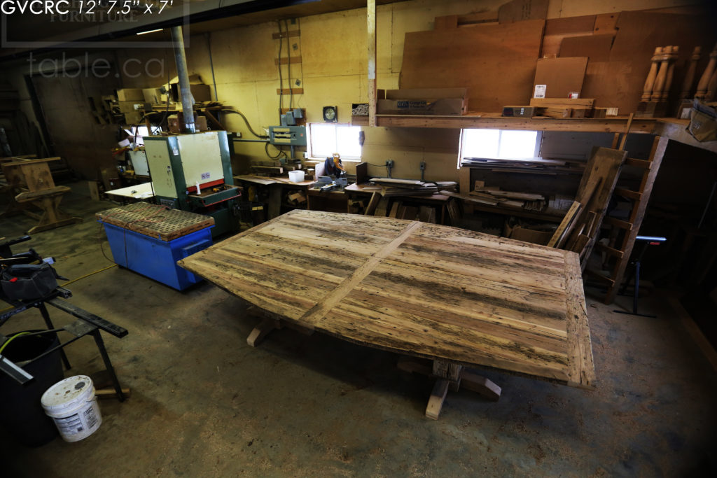 Details: 12' 7 1/2" Reclaimed Wood Consistory Table - 7' Wide at Centre - Custom Shape - Original Edges + Distressing Maintained - Hemlock Threshing Floor Construction - Premium epoxy + high gloss polyurethane finish - 3" Joist Material Plank Posts - www.hdthreshing.com