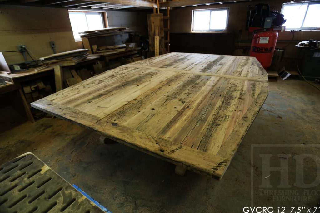 Details: 12' 7 1/2" Reclaimed Wood Consistory Table - 7' Wide at Centre - Custom Shape - Original Edges + Distressing Maintained - Hemlock Threshing Floor Construction - Premium epoxy + high gloss polyurethane finish - 3" Joist Material Plank Posts - www.hdthreshing.com