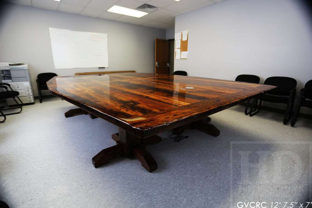 Details: 12' 7 1/2" Reclaimed Wood Consistory Table - 7' Wide at Centre - Custom Shape - Original Edges + Distressing Maintained - Hemlock Threshing Floor Construction - Premium epoxy + high gloss polyurethane finish - 3" Joist Material Plank Posts - www.hdthreshing.com