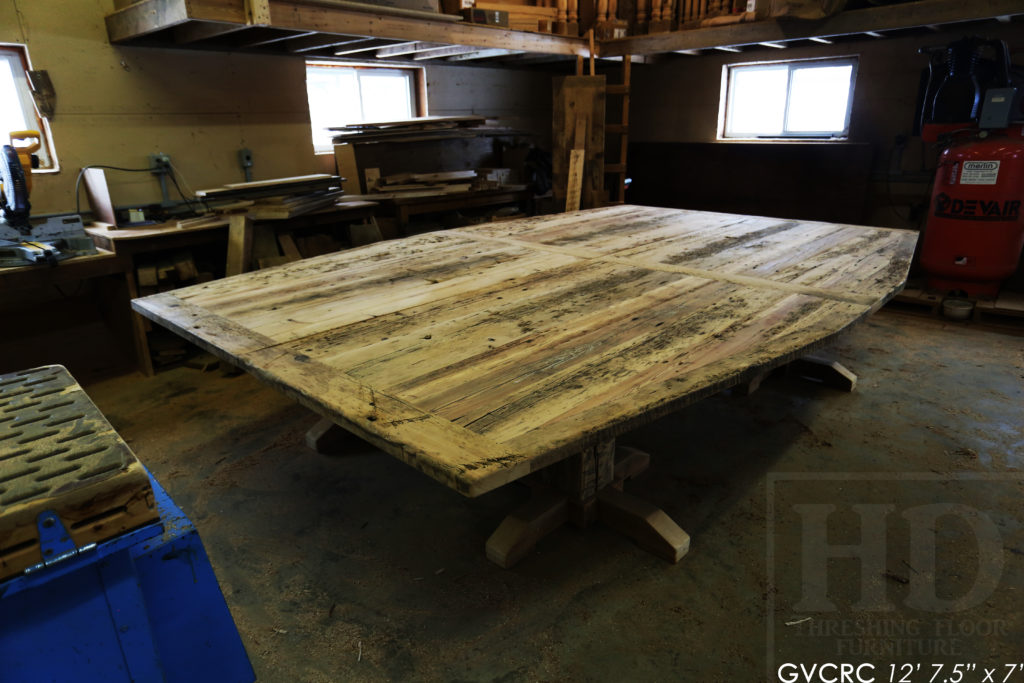 Details: 12' 7 1/2" Reclaimed Wood Consistory Table - 7' Wide at Centre - Custom Shape - Original Edges + Distressing Maintained - Hemlock Threshing Floor Construction - Premium epoxy + high gloss polyurethane finish - 3" Joist Material Plank Posts - www.hdthreshing.com