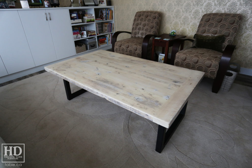 Metal Base Coffee Table with Bleached Greytone Treatment made from Reclaimed Wood by HD Threshing Floor Furniture / www.table.ca