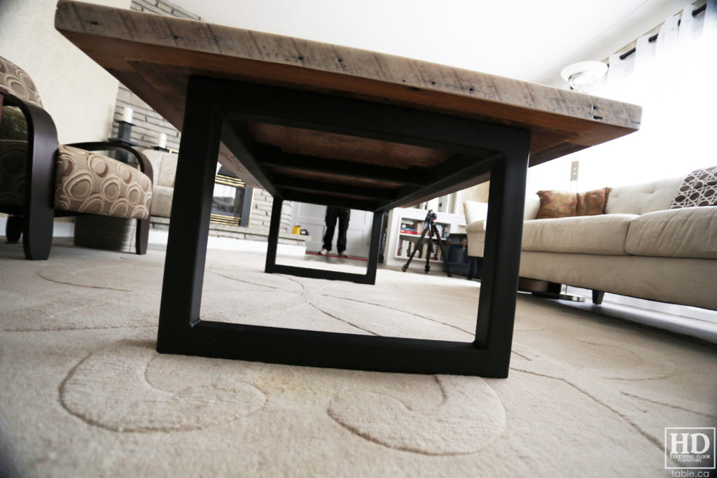 Metal Base Coffee Table with Bleached Greytone Treatment made from Reclaimed Wood by HD Threshing Floor Furniture / www.table.ca