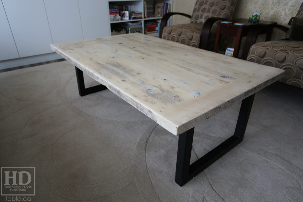 Metal Base Coffee Table with Bleached Greytone Treatment made from Reclaimed Wood by HD Threshing Floor Furniture / www.table.ca