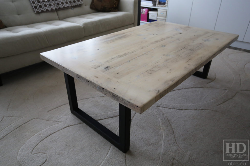 Metal Base Coffee Table with Bleached Greytone Treatment made from Reclaimed Wood by HD Threshing Floor Furniture / www.table.ca