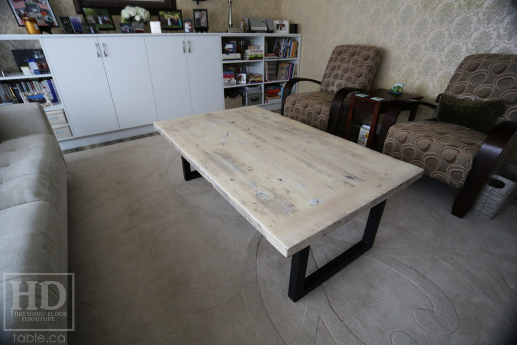 Metal Base Coffee Table with Bleached Greytone Treatment made from Reclaimed Wood by HD Threshing Floor Furniture / www.table.ca