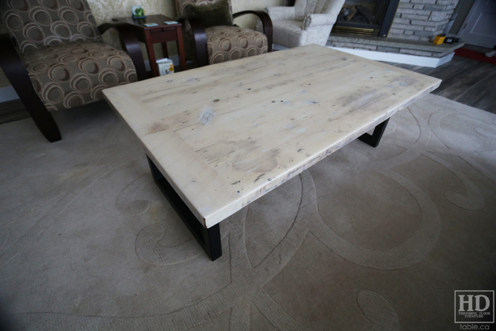 Metal Base Coffee Table with Bleached Greytone Treatment made from Reclaimed Wood by HD Threshing Floor Furniture / www.table.ca