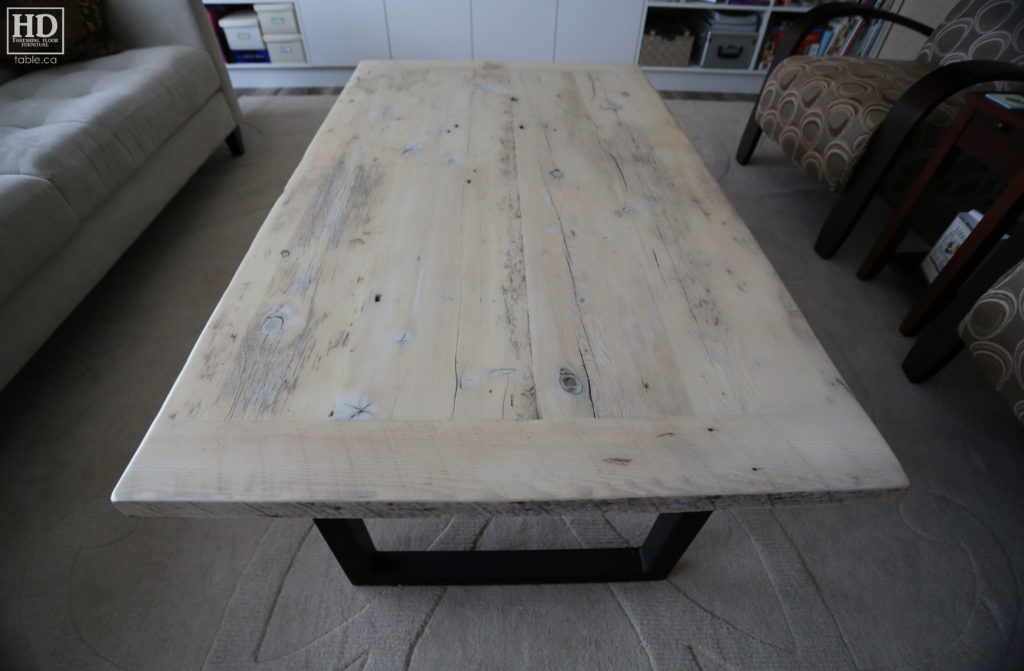 Metal Base Coffee Table with Bleached Greytone Treatment made from Reclaimed Wood by HD Threshing Floor Furniture / www.table.ca