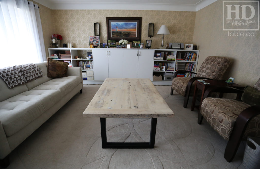 Metal Base Coffee Table with Bleached Greytone Treatment made from Reclaimed Wood by HD Threshing Floor Furniture / www.table.ca