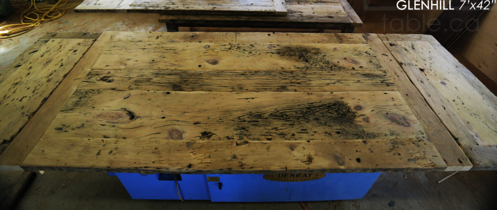 Guelph 7' Reclaimed Wood Table - 42" wide - Pine Threshing Floor Construction 2" Top - Original edges + distressing maintained - Metal U Shaped Matte Black Base - Premium epoxy + satin polyurethane finish - www.hdthreshing.com