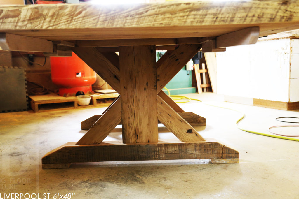 6' Reclaimed Wood Table for Oakville home - 48" wide - Sawbuck Base - Hemlock Threshing Floor Construction - Original edges & distressing maintained - Premium epoxy + satin polyurethane finish - Extra thick 3" Joist Material Top - Greytone Treatment to Maintain Colour of Unfinished - Two 18" Leaf Extensions - www.hdthreshing.com