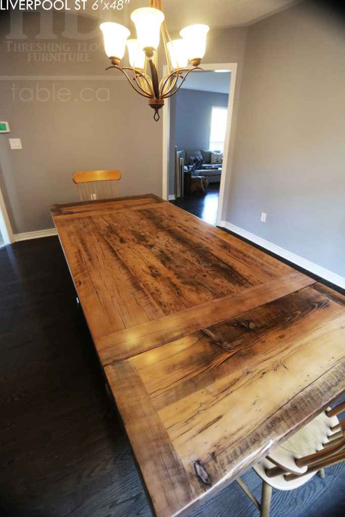 6' Reclaimed Wood Table for Oakville home - 48" wide - Sawbuck Base - Hemlock Threshing Floor Construction - Original edges & distressing maintained - Premium epoxy + satin polyurethane finish - Extra thick 3" Joist Material Top - Greytone Treatment to Maintain Colour of Unfinished - Two 18" Leaf Extensions - www.hdthreshing.com